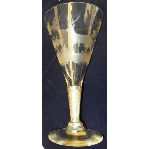 597 - A large etched stemmed glass together with four similar small shot glasses, two Georgian port glasse... 