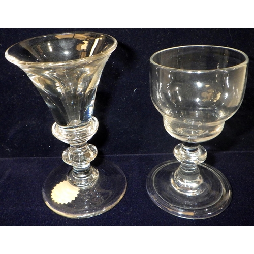 597 - A large etched stemmed glass together with four similar small shot glasses, two Georgian port glasse... 