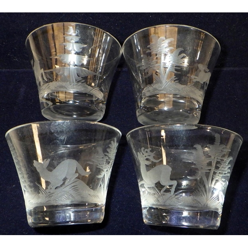 597 - A large etched stemmed glass together with four similar small shot glasses, two Georgian port glasse... 