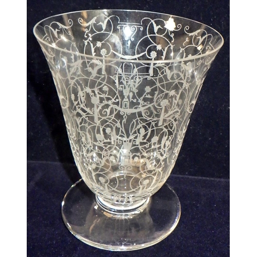 597 - A large etched stemmed glass together with four similar small shot glasses, two Georgian port glasse... 