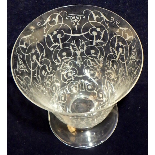 597 - A large etched stemmed glass together with four similar small shot glasses, two Georgian port glasse... 