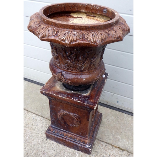 797 - A Victorian salt glaze urn on stand, a/f, cracked, missing column, 83cm tall