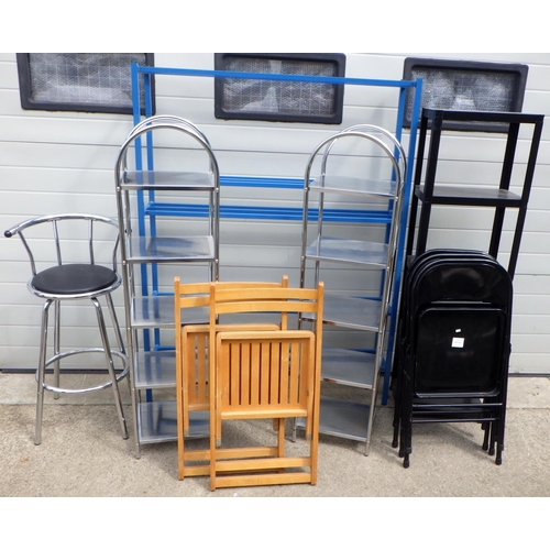 927 - Various metal shelves, folding chairs & stool