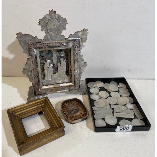 588 - A qty of mother of pearl counters, religious frame and a small portrait print (3)