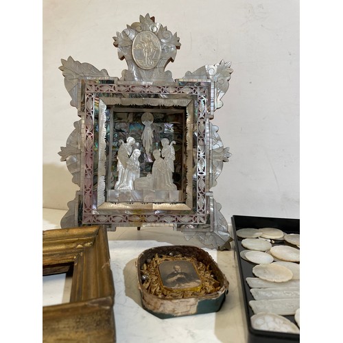 588 - A qty of mother of pearl counters, religious frame and a small portrait print (3)