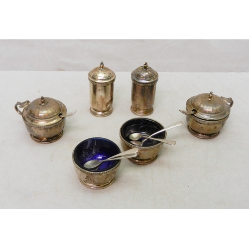 18 - A six piece matched silver condiment set (different makers but identical patterns); a silver egg cup... 