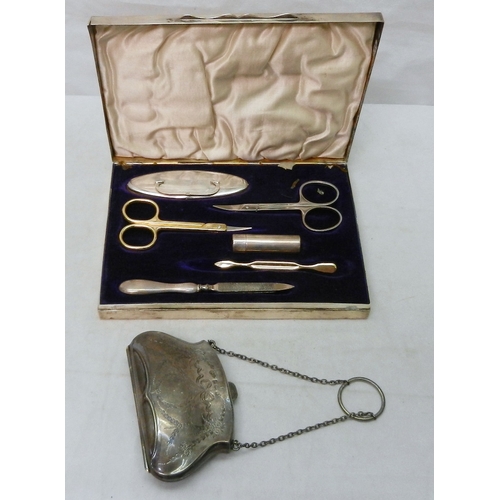 32 - A silver and hardwood cased manicure set, 20th cent, some contents lacking, box a/f; a silver evenin... 