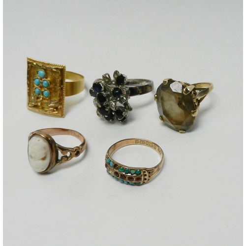 61 - A cocktail ring, 9ct gold, stone chipped; a 9ct gold turquoise and ruby ring, a/f stones lacking / c... 