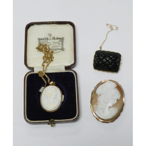 65 - A carved cameo pendant in a yellow metal mount marked 9ct suspended on a yellow metal chain, pendant... 