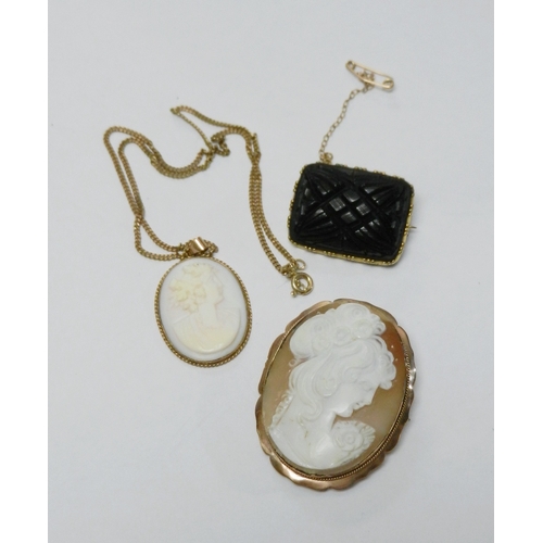 65 - A carved cameo pendant in a yellow metal mount marked 9ct suspended on a yellow metal chain, pendant... 