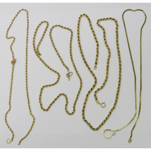 105 - A 9ct gold rope twist chain necklace, 540mm long; a similar 9ct gold necklace, a/f ends broken; a ye... 