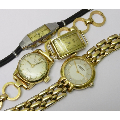 112 - A Stowa ladies watch head comprising a manual wind movement in a yellow metal case marked 14k; a Ray... 