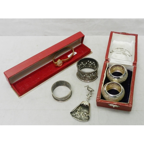 120 - A ladies gold plated Omega wristwatch, 17mm across head, in original box; a Dutch white metal caddy ... 