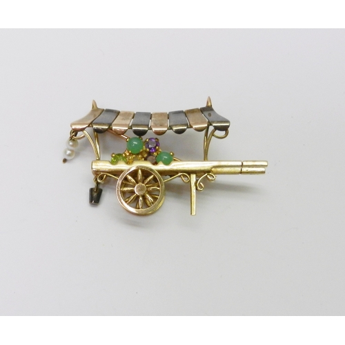 53 - A novelty brooch modelled as a flower seller's barrow, 9ct  gold with cabochons and pearls, Birmingh... 