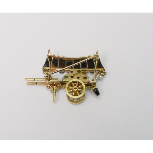 53 - A novelty brooch modelled as a flower seller's barrow, 9ct  gold with cabochons and pearls, Birmingh... 