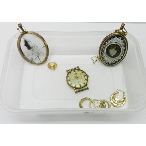 131 - A 9ct gold wristwatch a/f; various 9ct gold and other single earrings, together with two early 19th ... 