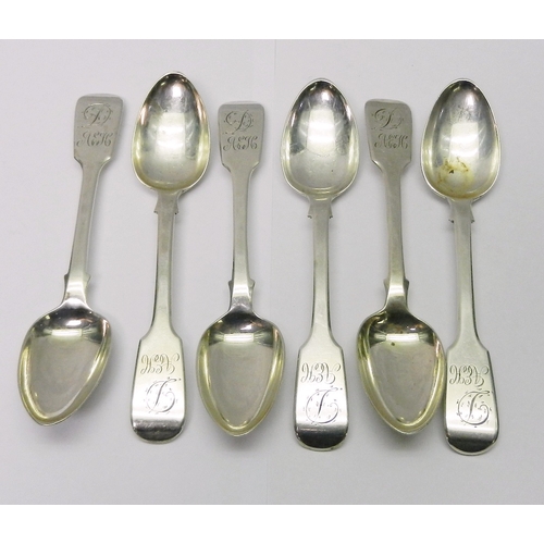 139 - Six matching George IV silver fiddle pattern teaspoons, each engraved 