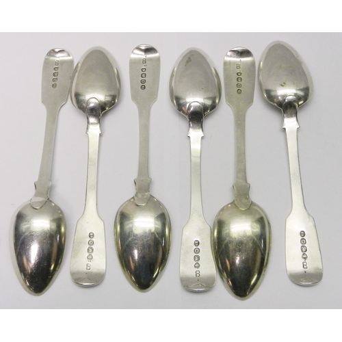 139 - Six matching George IV silver fiddle pattern teaspoons, each engraved 