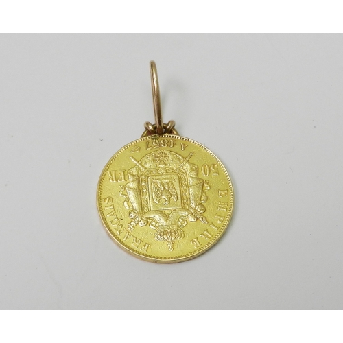 160 - A Napoleon III 1857 French 50 Franc coin with soldered suspension loop as a pendant.