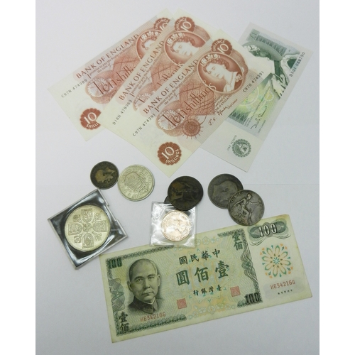 167 - A Taiwan 100 Yuan banknote; British pre-decimal and other banknotes; various coins.