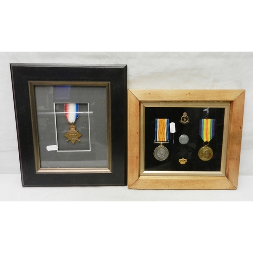 182 - Two frames of WW1 interest medals: a single 1914 / 15 Star; a War Medal and Victory Medal pair with ... 