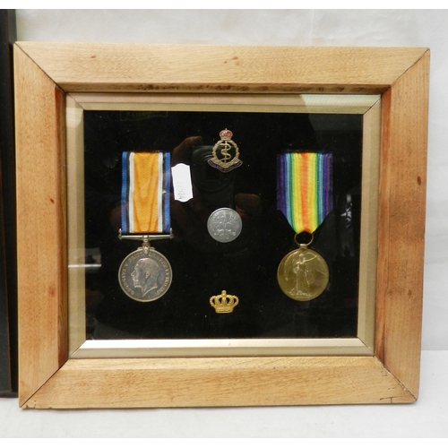 182 - Two frames of WW1 interest medals: a single 1914 / 15 Star; a War Medal and Victory Medal pair with ... 