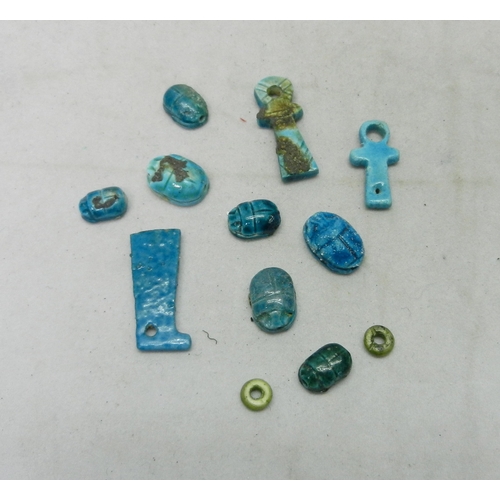 190 - Ancient Egyptian manner faience: two Ankh pendants, the larger 30mm tall; seven various scarab beads... 