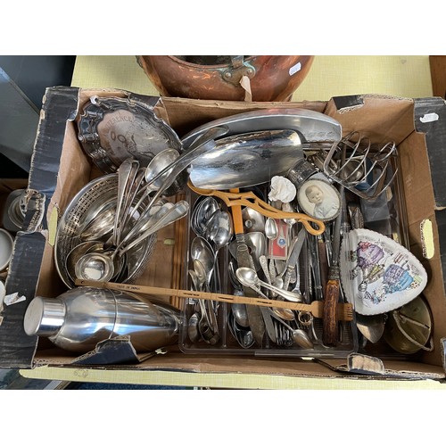 32 - A qty of misc plated wares, cutlery together with a copper coal bucket (2)