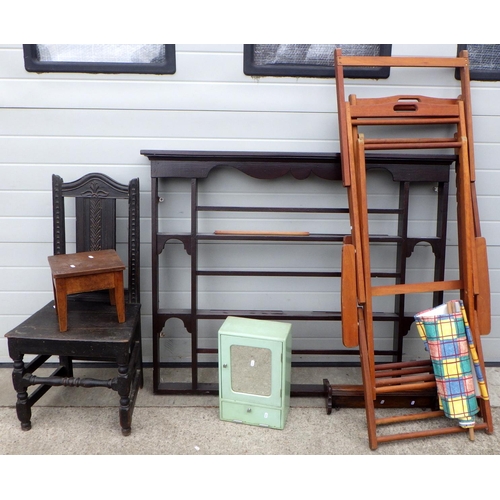 613 - A plate rack, hall chair, shelf, stool, bathroom cabinet & two deck chairs (7)