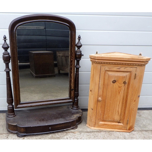 627 - A pine hanging corner cupboard and a toilet mirror (2)