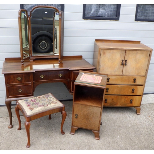 634 - A dressing table, stool, mirror, bedside cabinet, tallboy (5)