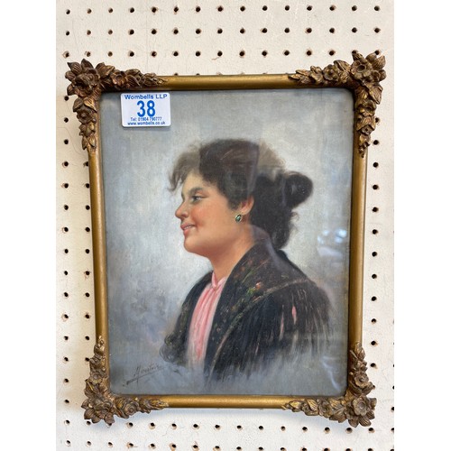 38 - A gilt framed portrait of a lady signed indistinctly Mosantonia ??