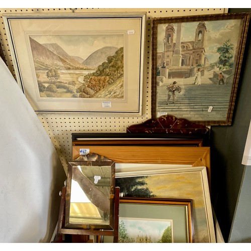 47 - A large qty of misc watercolours, prints, faux Tortoiseshell frame mirrors etc (qty)