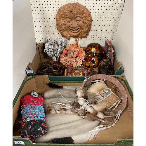 71 - A dream catcher, aboriginal pouch, Roman style pottery mask and further masks etc