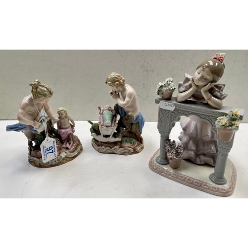 97 - A signed Lladro figure group together with two AF Meissen figures