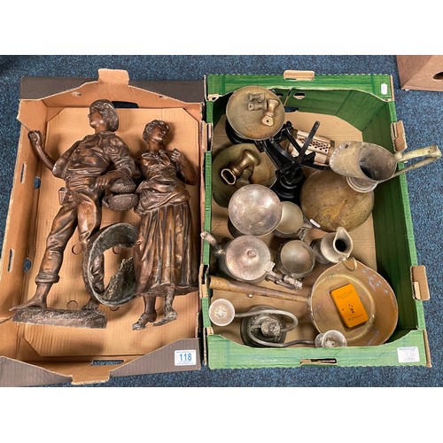 118 - Two boxes of misc metal wares to inc spelter figures scales etc af (2)