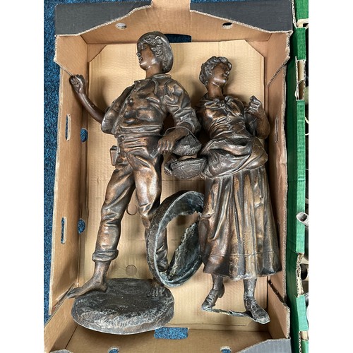 118 - Two boxes of misc metal wares to inc spelter figures scales etc af (2)