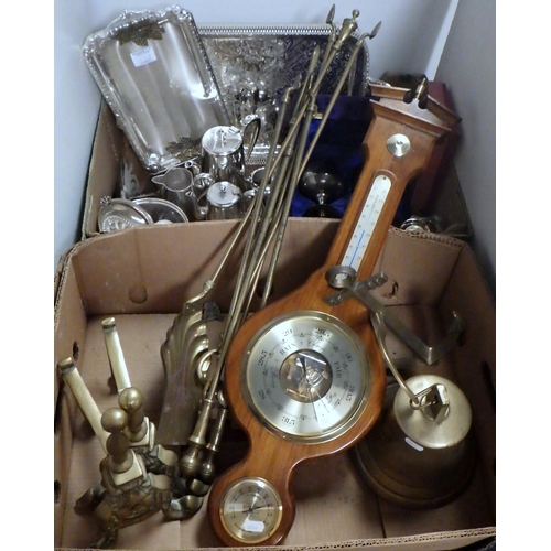 121 - Two boxes of misc metal wares to inc plated tea ware, modern ships bell, brass fire dogs and irons e... 