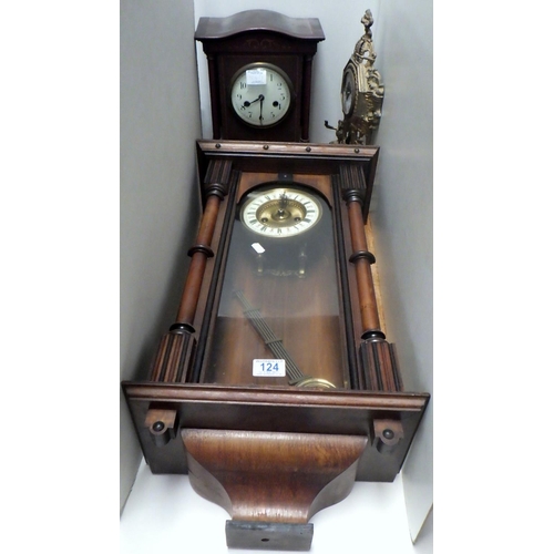 124 - An Edwardian inlaid mantle clock small walnut wall clock and a cast metal clock Af  (3)