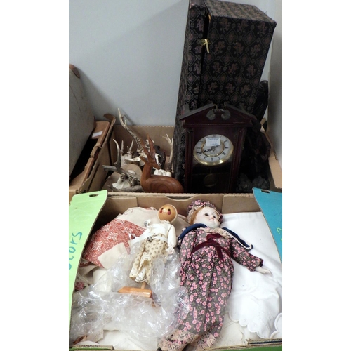 141 - Three boxes of misc collectables to inc textiles, dolls, skulls, etc  (3)