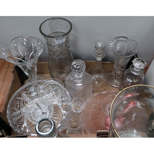 142 - Two boxes of glass ware to inc Whisky bottle, decanters etc