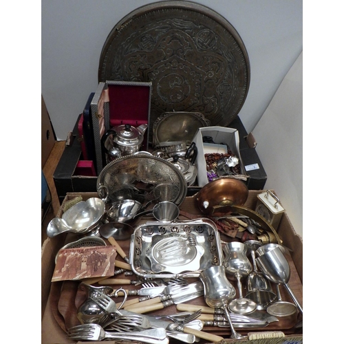 143 - Two boxes of misc plated wares, costume jewellery etc (2)