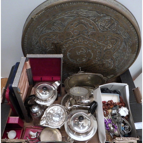 143 - Two boxes of misc plated wares, costume jewellery etc (2)