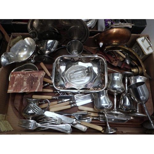 143 - Two boxes of misc plated wares, costume jewellery etc (2)