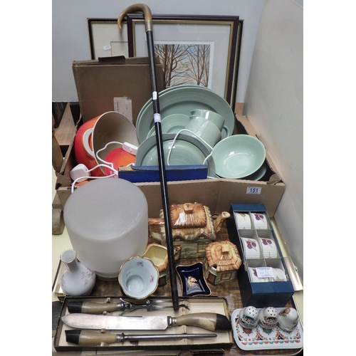 151 - Two boxes of collectables to inc Horn handle carving set, Cottage ware, walking stick, pictures etc ... 