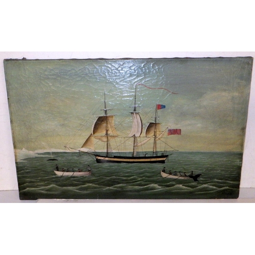 209 - A Naive oil unframed oil on canvas of a Whaling ship at sea