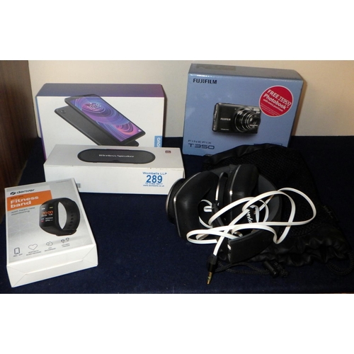 289 - Fuji camera, wireless speaker, Lenovo tabm7, fitness band and a set of headphones