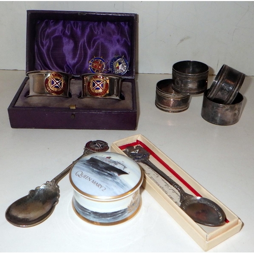 312 - A group of shipping ephemera to include boxed silver tea spoon, plated napkin rings etc