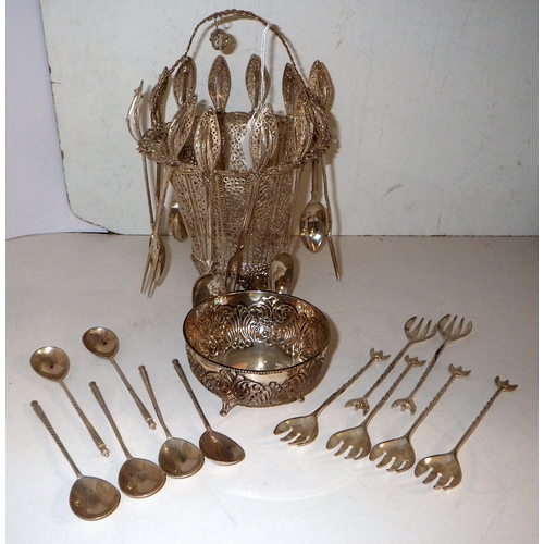 334 - An unmarked white metal filigree cocktail cutlery basket, 830 stamped bowl etc