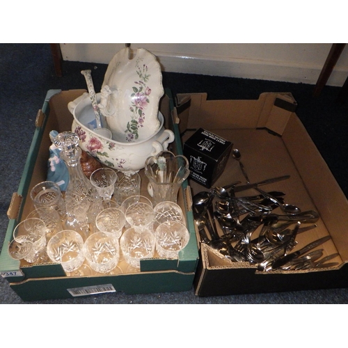 347 - Two boxes of misc collectables to include large tureen, Doulton lady, Beswick staring, cutlery etc (... 